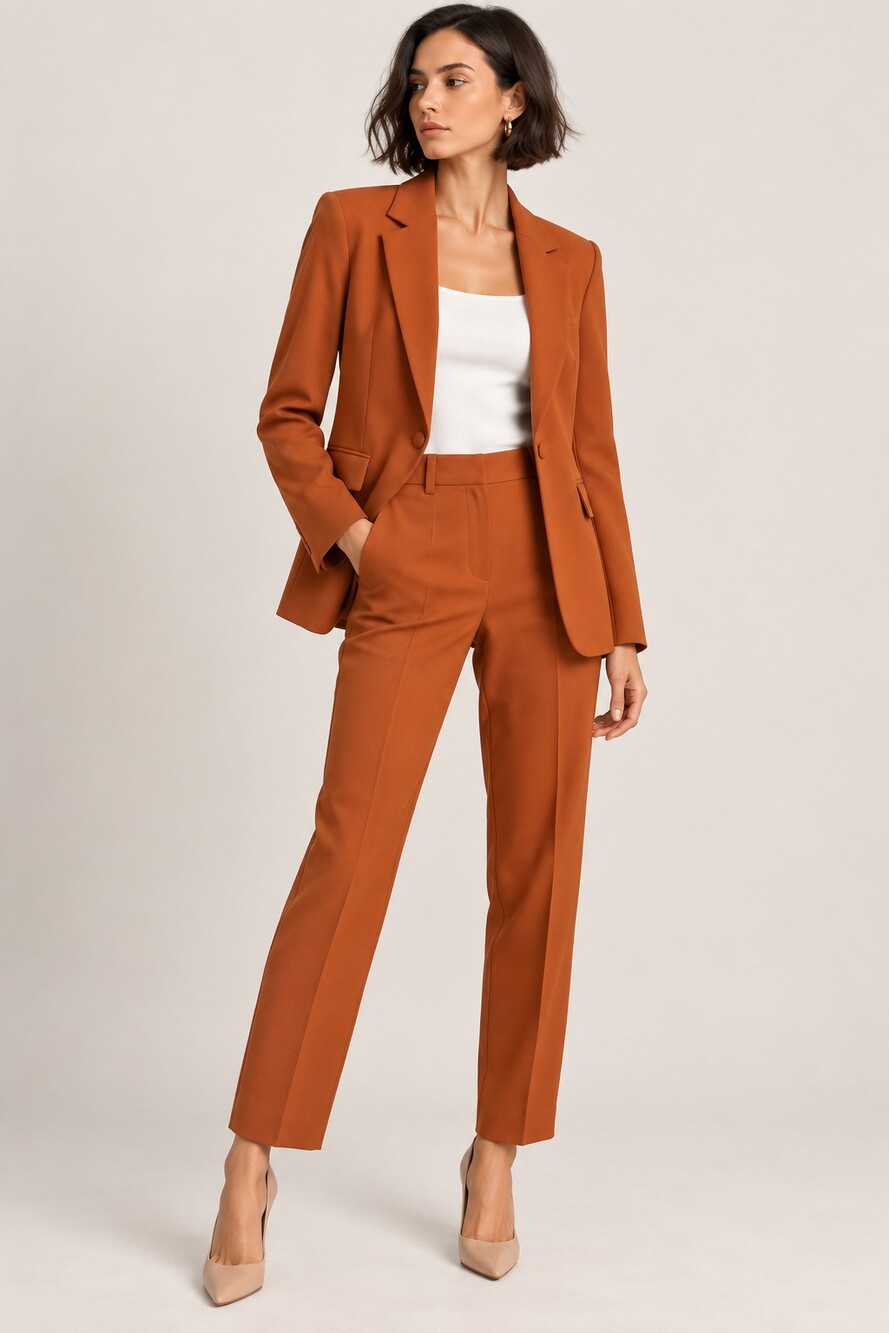 BLÁNISS Bespoke Russian Designer Terracotta Pantsuit Blazer S Pants M
